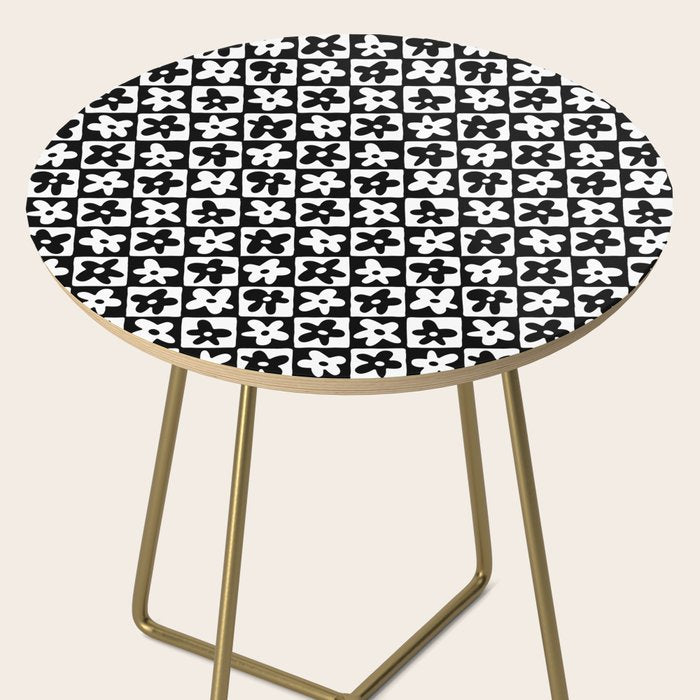 Black and white checkered floral pattern art Side Table Gallery Image 2