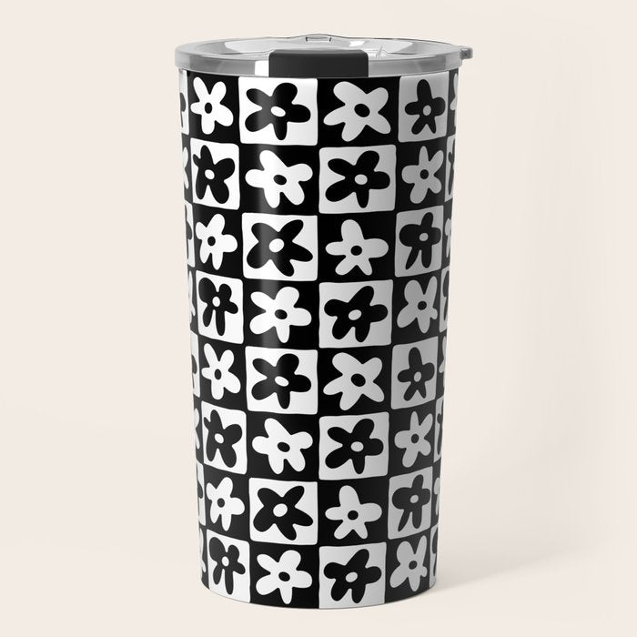 Black and white checkered floral pattern art Travel Mug Gallery Image 1