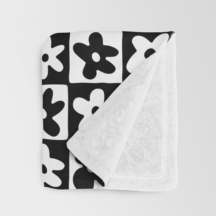 Black and white checkered floral pattern art Throw Blanket Gallery Image 3