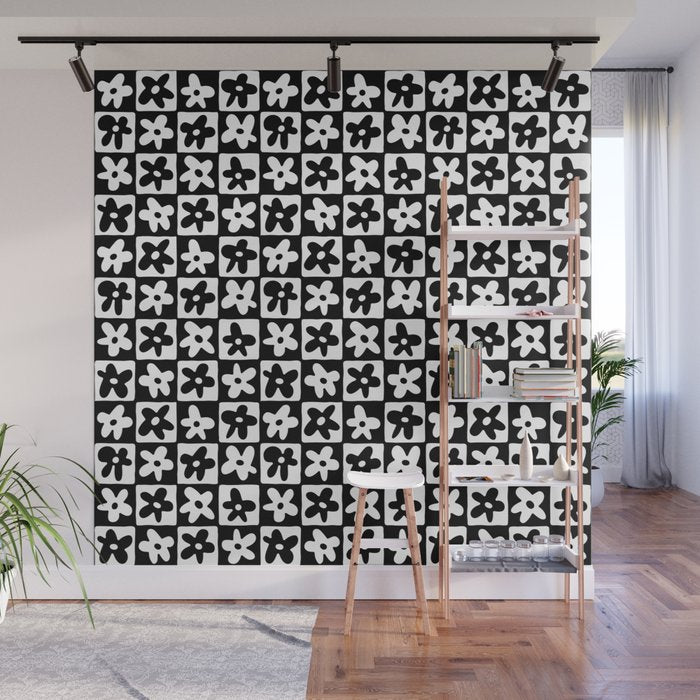 Black and white checkered floral pattern art Wall Mural Gallery Image 1