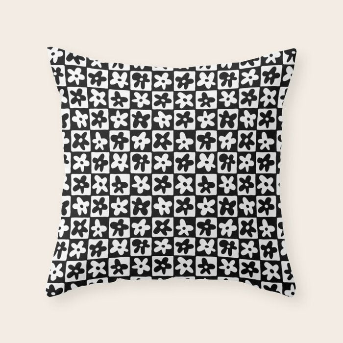 Black and white checkered floral pattern art Throw Pillow Gallery Image 1
