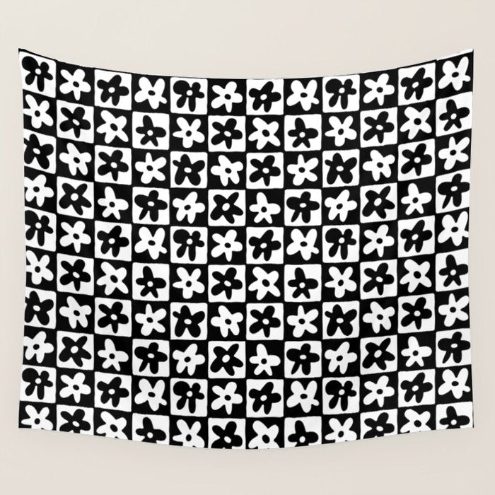 Black and white checkered floral pattern art Wall Tapestry Gallery Image 4