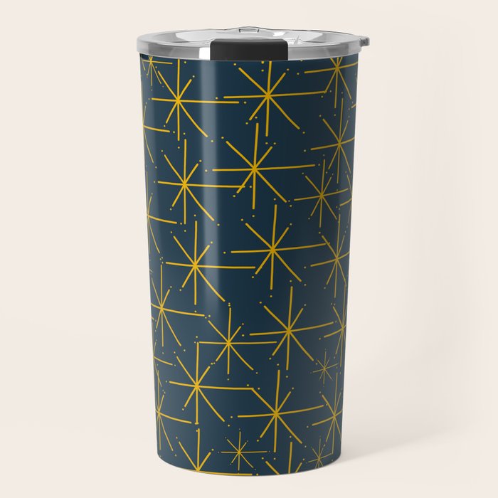 Stella - Atomic Age Mid Century Modern Pattern in Light Mustard Yellow and Navy Blue Travel Mug Gallery Image 1