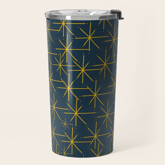 Stella - Atomic Age Mid Century Modern Pattern in Light Mustard Yellow and Navy Blue Travel Mug Gallery Image 2