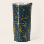 Stella - Atomic Age Mid Century Modern Pattern in Light Mustard Yellow and Navy Blue Travel Mug Gallery Image 2