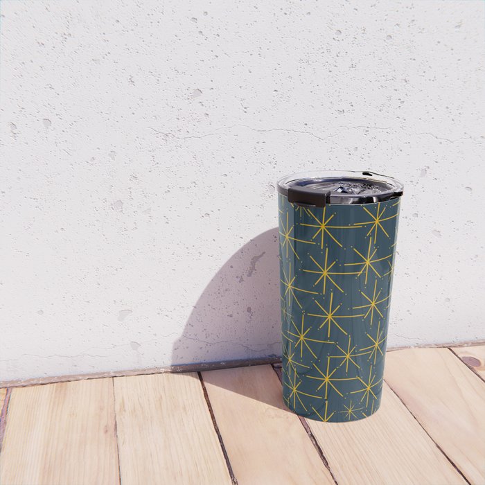 Stella - Atomic Age Mid Century Modern Pattern in Light Mustard Yellow and Navy Blue Travel Mug Gallery Image 4