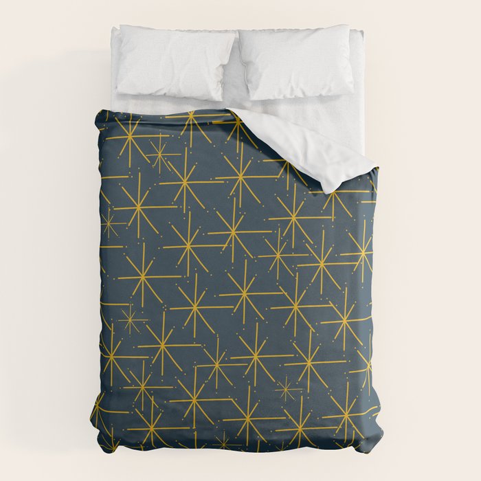 Stella - Atomic Age Mid Century Modern Pattern in Light Mustard Yellow and Navy Blue Duvet Cover Gallery Image 1