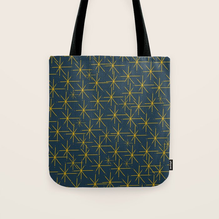Stella - Atomic Age Mid Century Modern Pattern in Light Mustard Yellow and Navy Blue Tote Bag Gallery Image 1