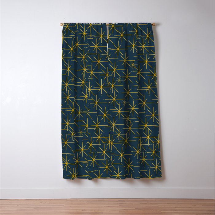 Stella - Atomic Age Mid Century Modern Pattern in Light Mustard Yellow and Navy Blue Window Curtain Gallery Image 3