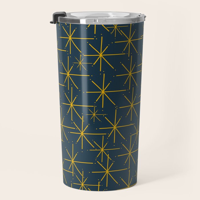 Stella - Atomic Age Mid Century Modern Pattern in Light Mustard Yellow and Navy Blue Travel Mug Gallery Image 3