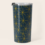 Stella - Atomic Age Mid Century Modern Pattern in Light Mustard Yellow and Navy Blue Travel Mug Gallery Image 3