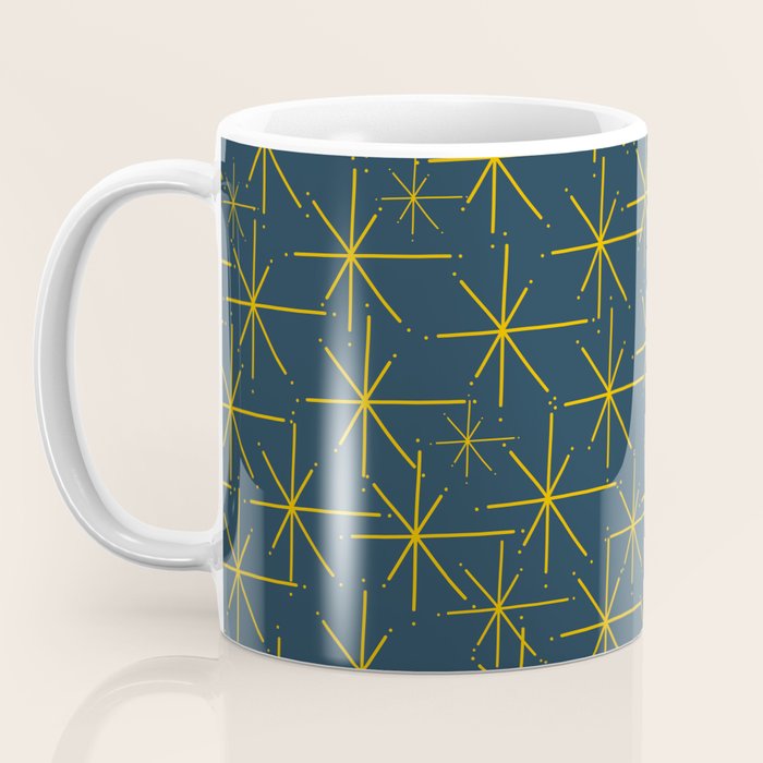 Stella - Atomic Age Mid Century Modern Pattern in Light Mustard Yellow and Navy Blue Coffee Mug Gallery Image 3