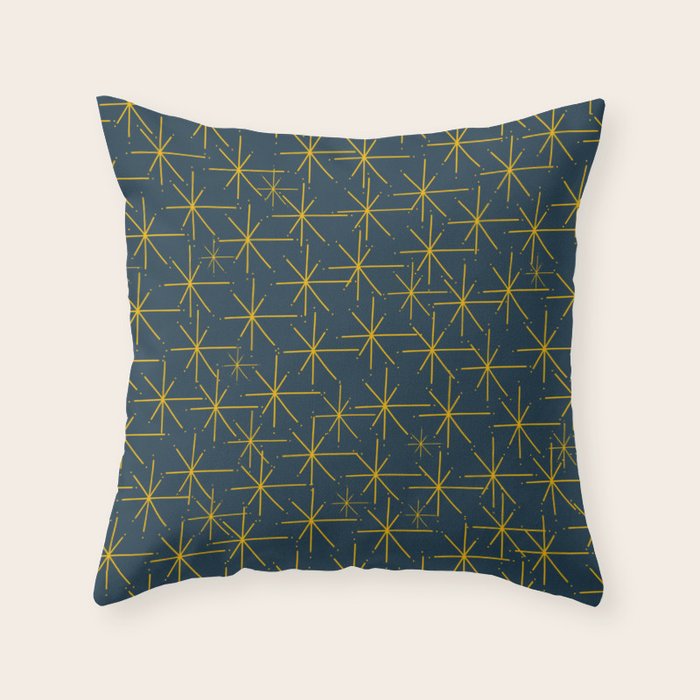 Stella - Atomic Age Mid Century Modern Pattern in Light Mustard Yellow and Navy Blue Throw Pillow Gallery Image 1