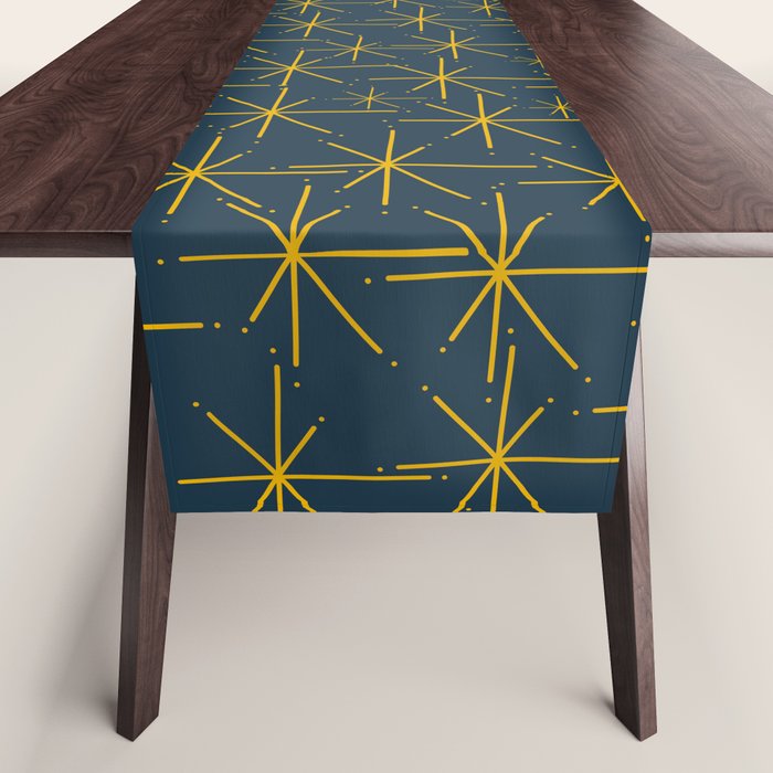 Stella - Atomic Age Mid Century Modern Pattern in Light Mustard Yellow and Navy Blue Table Runner Gallery Image 1