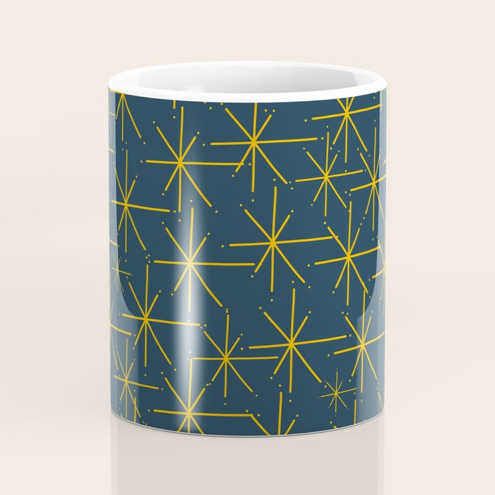 Stella - Atomic Age Mid Century Modern Pattern in Light Mustard Yellow and Navy Blue Coffee Mug Gallery Image 4