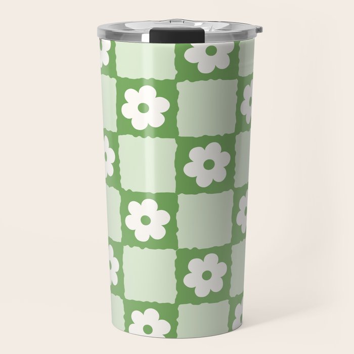 Retro Flower Checker in Forest Green Travel Mug Gallery Image 1