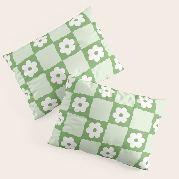 Retro Flower Checker in Forest Green Pillow Sham Gallery Image 3