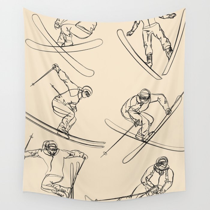 Minimal Skiers Line Art 2 Wall Tapestry Gallery Image 4