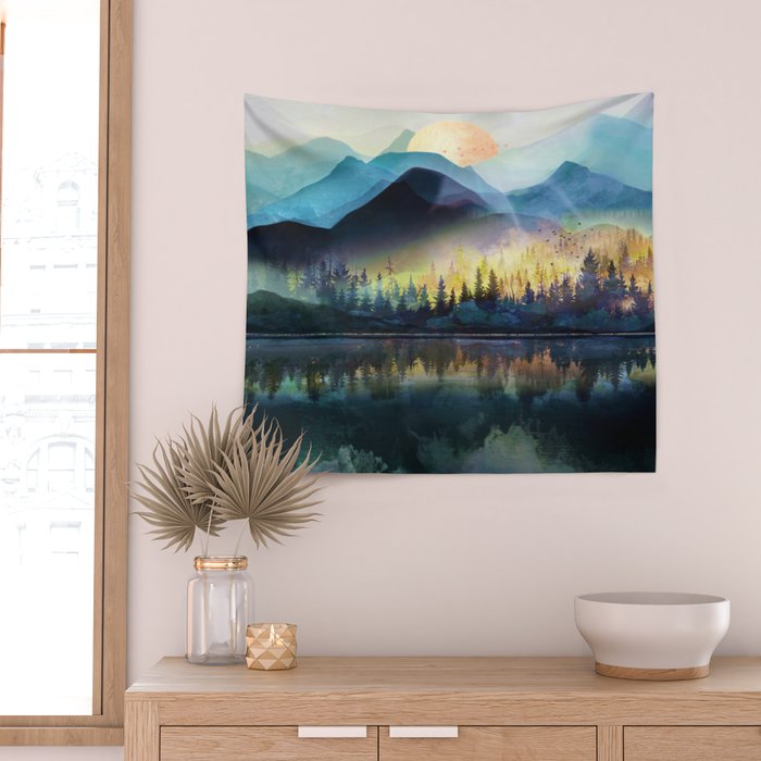 Mountain Lake Under Sunrise Wall Tapestry Gallery Image 2