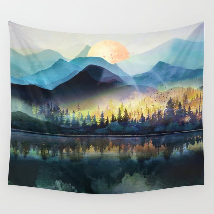 Mountain Lake Under Sunrise Wall Tapestry Gallery Image 1