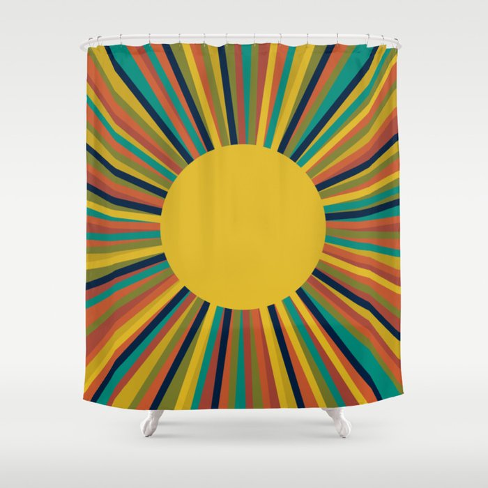 Colourful Multicolor Retro Sunburst Sun in Mid Mod Colors 3 Shower Curtain Gallery Image 1