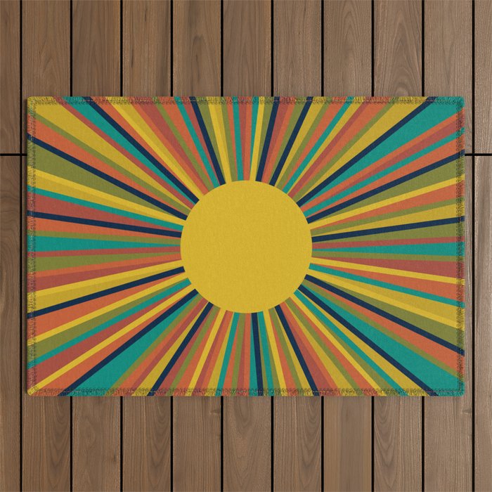 Colourful Multicolor Retro Sunburst Sun in Mid Mod Colors 3 Outdoor Rug Gallery Image 1