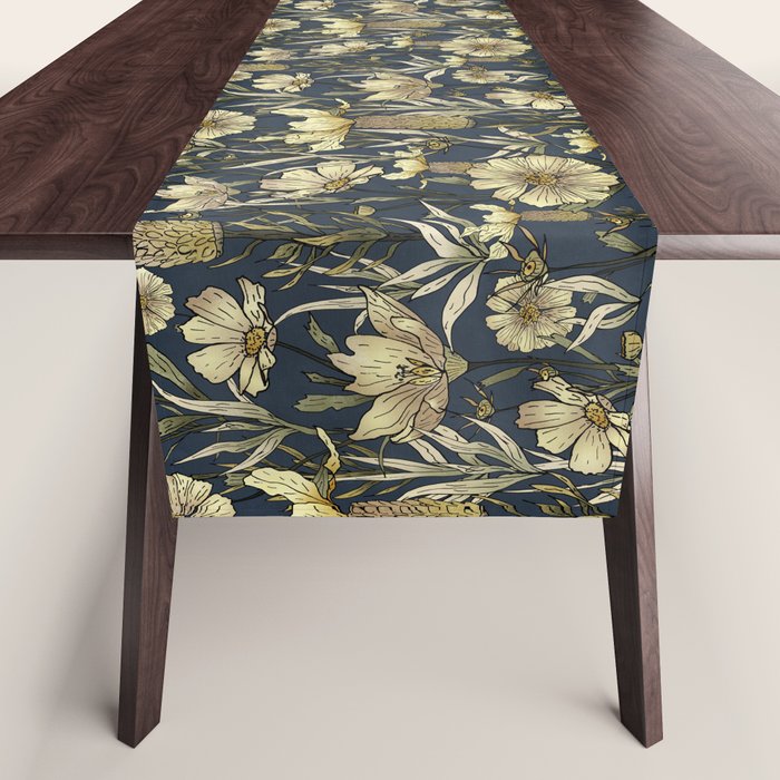 Midnight blue hand-drawn vintage garden  Table Runner Gallery Image 1