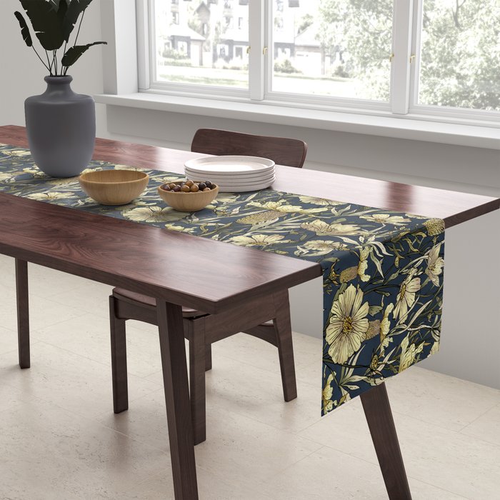Midnight blue hand-drawn vintage garden  Table Runner Gallery Image 2