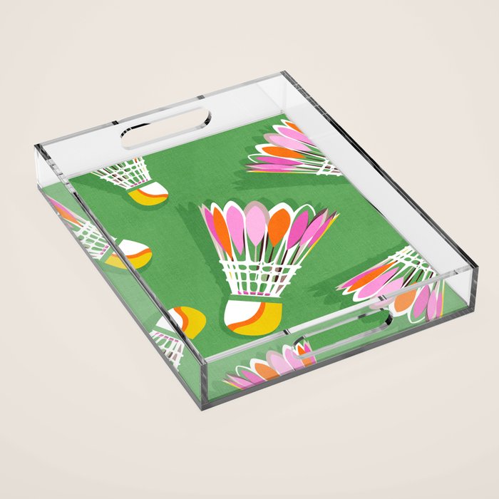 Badminton Birdie Pop Art court sport pattern on bright green Acrylic Tray Gallery Image 1