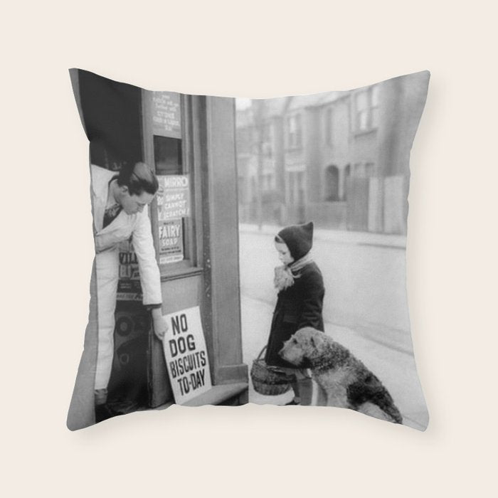 Vintage 'No Dog Biscuits Today' Humorous Little Girl, Dog, and Italian Market black and white photography / photograph Throw Pillow Gallery Image 6