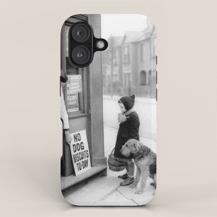 Vintage 'No Dog Biscuits Today' Humorous Little Girl, Dog, and Italian Market black and white photography / photograph iPhone Case Gallery Image 1
