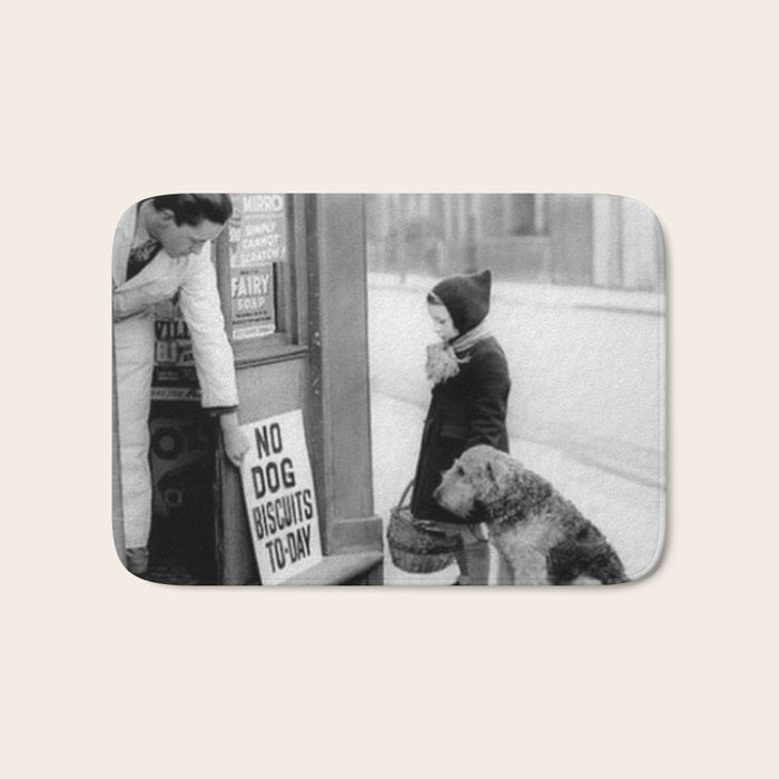 Vintage 'No Dog Biscuits Today' Humorous Little Girl, Dog, and Italian Market black and white photography / photograph Bath Mat Gallery Image 1
