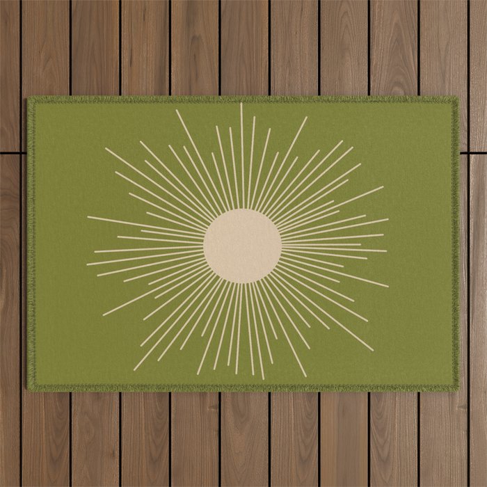 Mid-Century Modern Sunburst II - Minimalist Sun in Mid Mod Beige and Olive Green Outdoor Rug Gallery Image 1