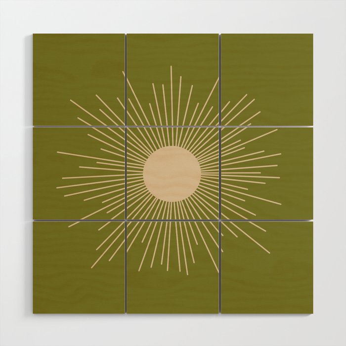 Mid-Century Modern Sunburst II - Minimalist Sun in Mid Mod Beige and Olive Green Wood Wall Art Gallery Image 1