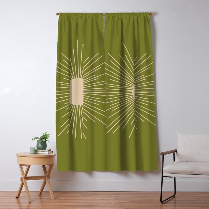 Mid-Century Modern Sunburst II - Minimalist Sun in Mid Mod Beige and Olive Green Window Curtain Gallery Image 5