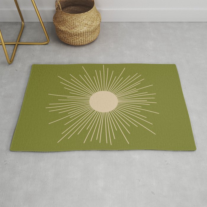 Mid-Century Modern Sunburst II - Minimalist Sun in Mid Mod Beige and Olive Green Rug Gallery Image 1