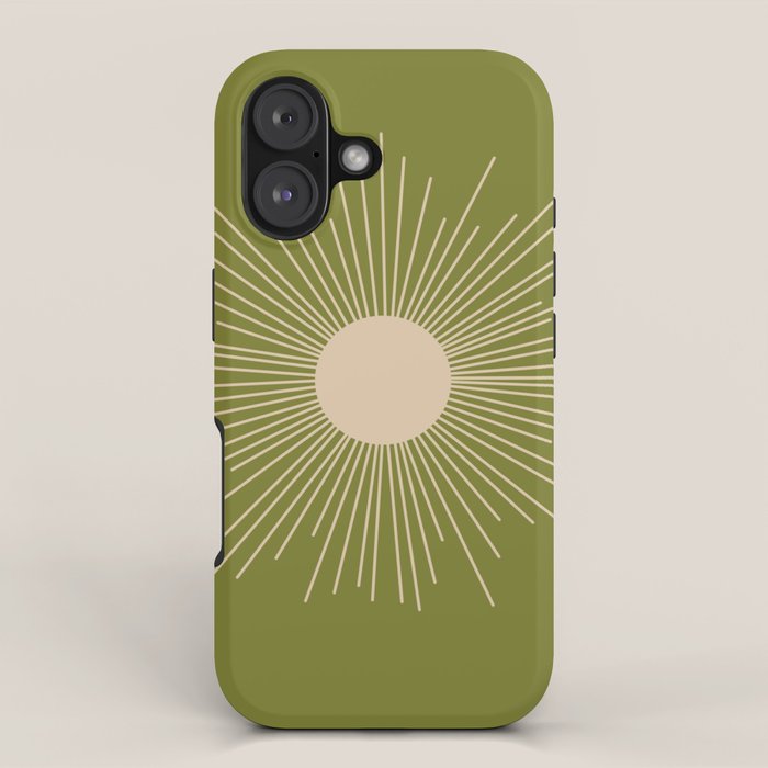 Mid-Century Modern Sunburst II - Minimalist Sun in Mid Mod Beige and Olive Green iPhone Case Gallery Image 1