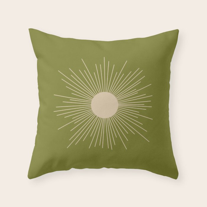 Mid-Century Modern Sunburst II - Minimalist Sun in Mid Mod Beige and Olive Green Throw Pillow Gallery Image 6