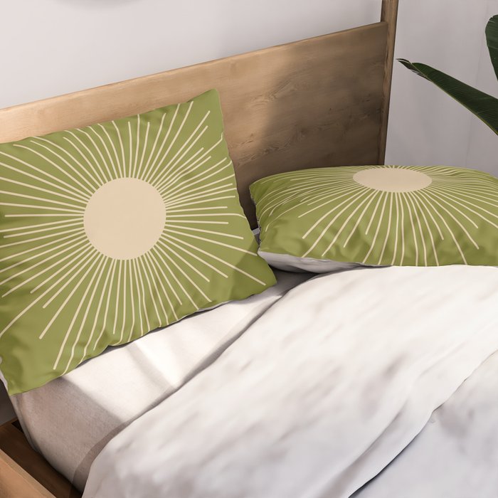 Mid-Century Modern Sunburst II - Minimalist Sun in Mid Mod Beige and Olive Green Pillow Sham Gallery Image 2