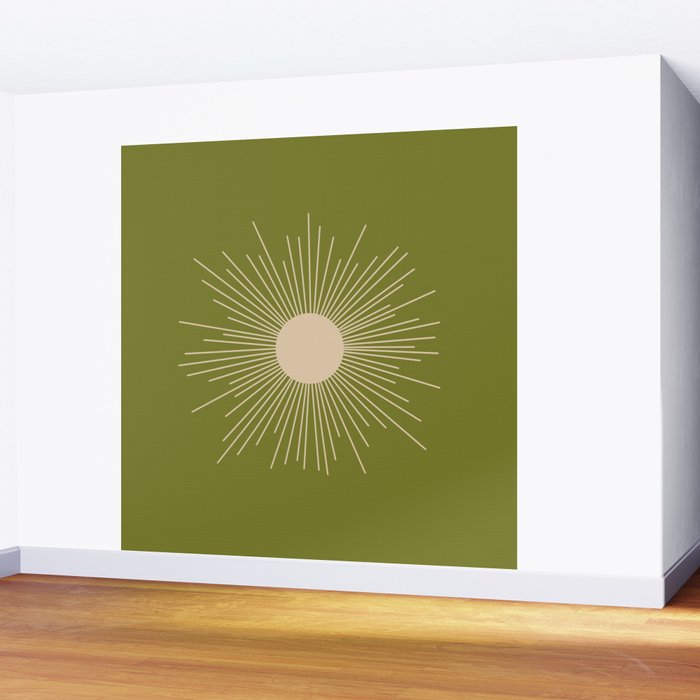 Mid-Century Modern Sunburst II - Minimalist Sun in Mid Mod Beige and Olive Green Wall Mural Gallery Image 2