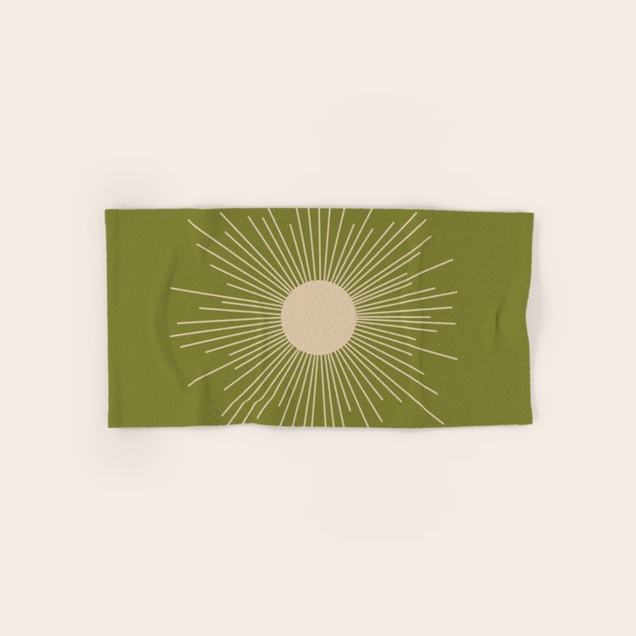 Mid-Century Modern Sunburst II - Minimalist Sun in Mid Mod Beige and Olive Green Bath Towel Gallery Image 1