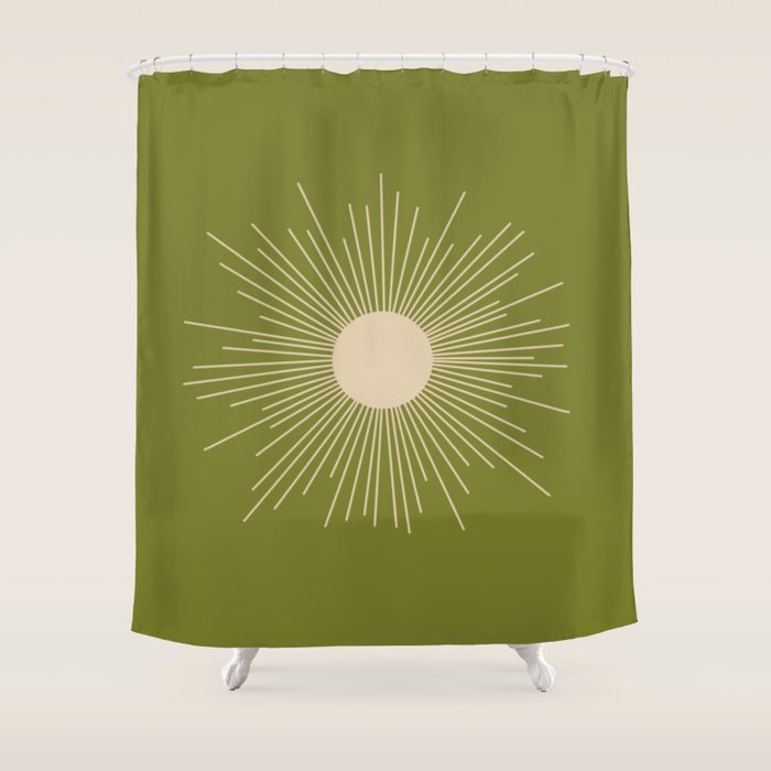 Mid-Century Modern Sunburst II - Minimalist Sun in Mid Mod Beige and Olive Green Shower Curtain Gallery Image 1