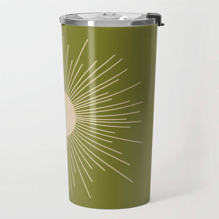 Mid-Century Modern Sunburst II - Minimalist Sun in Mid Mod Beige and Olive Green Travel Mug Gallery Image 2