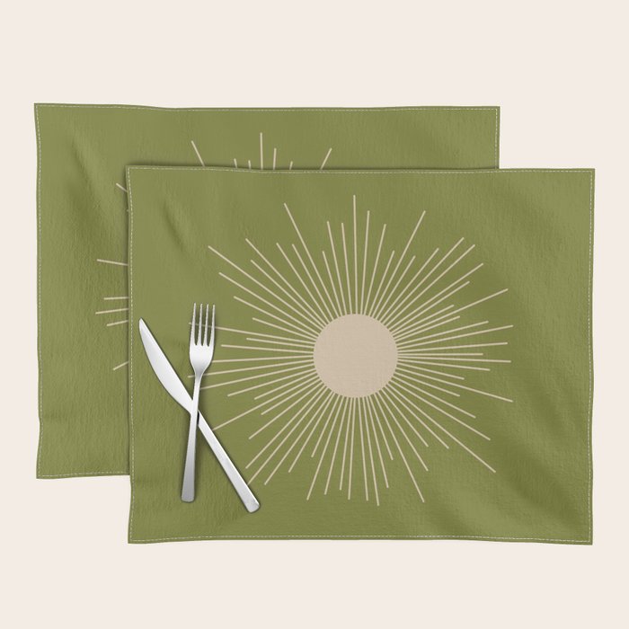 Mid-Century Modern Sunburst II - Minimalist Sun in Mid Mod Beige and Olive Green Placemat Gallery Image 1