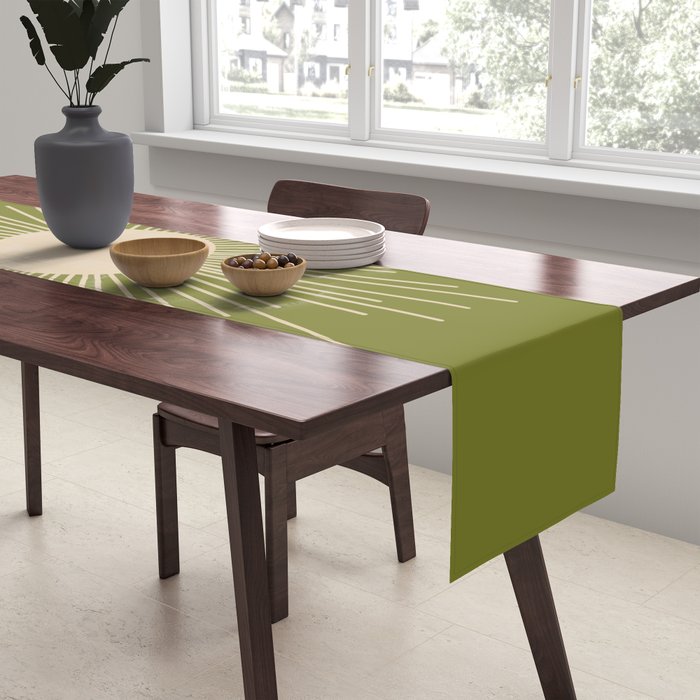 Mid-Century Modern Sunburst II - Minimalist Sun in Mid Mod Beige and Olive Green Table Runner Gallery Image 2