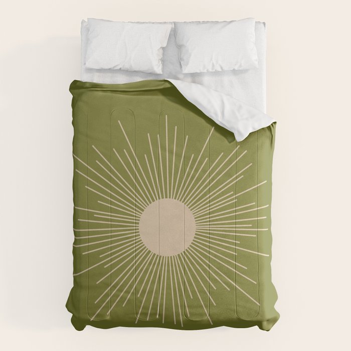 Mid-Century Modern Sunburst II - Minimalist Sun in Mid Mod Beige and Olive Green Comforter Gallery Image 6