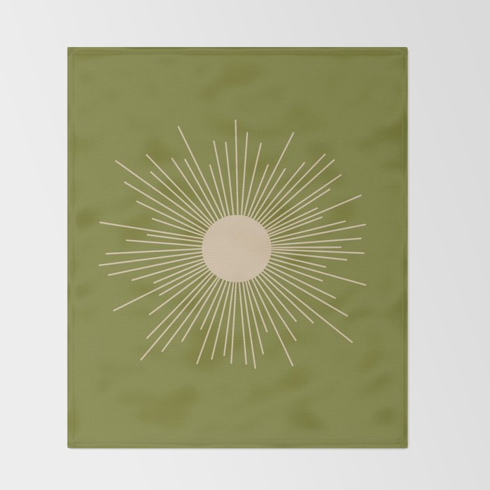 Mid-Century Modern Sunburst II - Minimalist Sun in Mid Mod Beige and Olive Green Throw Blanket Gallery Image 2
