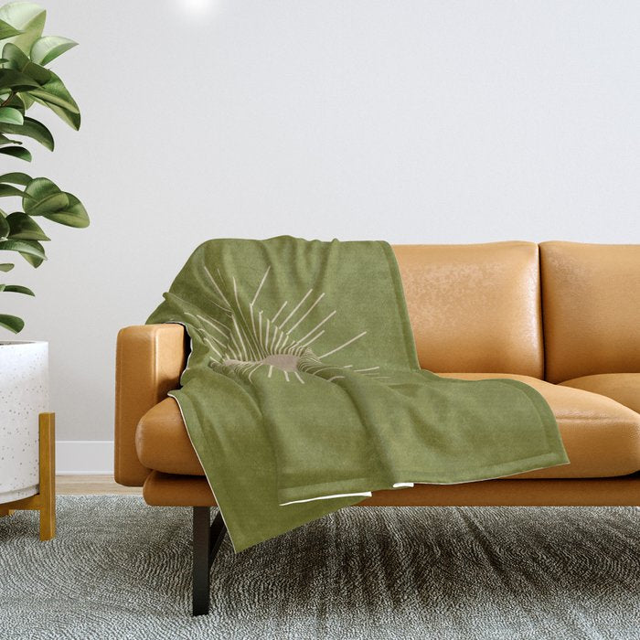 Mid-Century Modern Sunburst II - Minimalist Sun in Mid Mod Beige and Olive Green Throw Blanket Gallery Image 1
