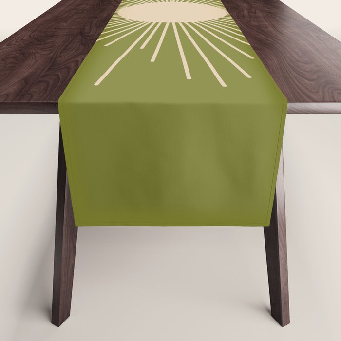 Mid-Century Modern Sunburst II - Minimalist Sun in Mid Mod Beige and Olive Green Table Runner Gallery Image 1