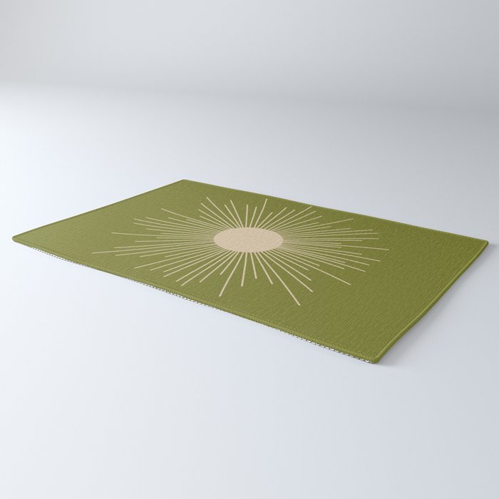 Mid-Century Modern Sunburst II - Minimalist Sun in Mid Mod Beige and Olive Green Rug Gallery Image 3